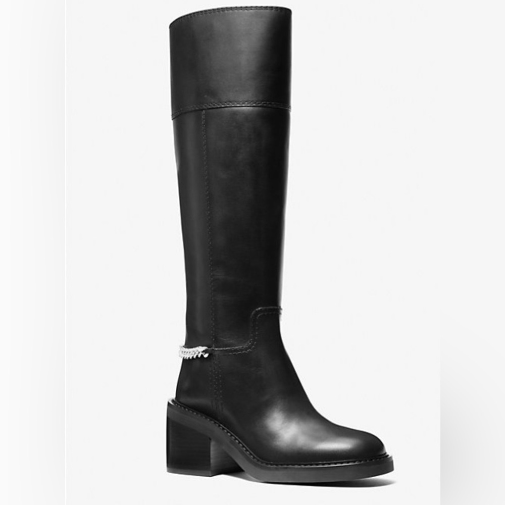 MICHAEL Kors Carlisle knee-high boots in black leather with a chain detail heel
